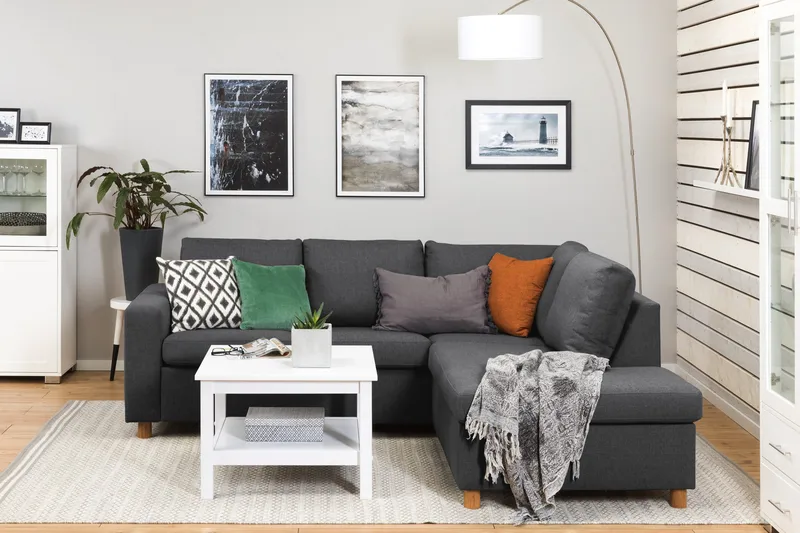 Crazy 3-seters Høyrevendt L-formet Sjeselongsofa i Stoff - Mørk grå - Møbler - Sofaer - Sofa med sjeselong - 2 seters sofa med divan