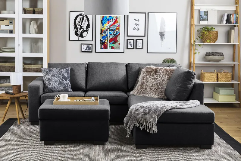 Crazy 3-seters Høyrevendt L-formet Sjeselongsofa i Stoff - Mørk grå - Møbler - Sofaer - Sofa med sjeselong - 2 seters sofa med divan