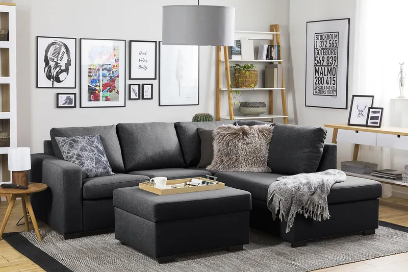 Crazy 3-seters Høyrevendt L-formet Sjeselongsofa i Stoff - Mørk grå - Møbler - Sofaer - Sofa med sjeselong - 2 seters sofa med divan