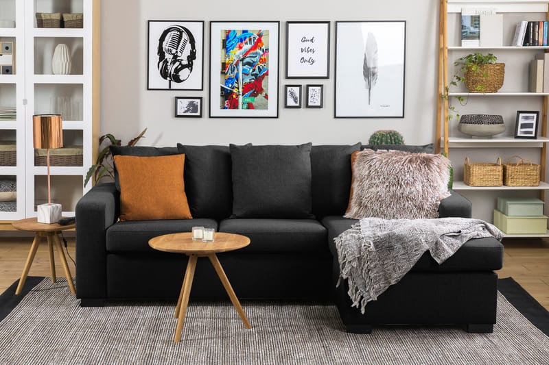 Crazy 3-seters Vendbar L-formet Divansofa i Stoff inkl. Pynteputer - Mørk grå - Møbler - Sofaer - Sofa med sjeselong