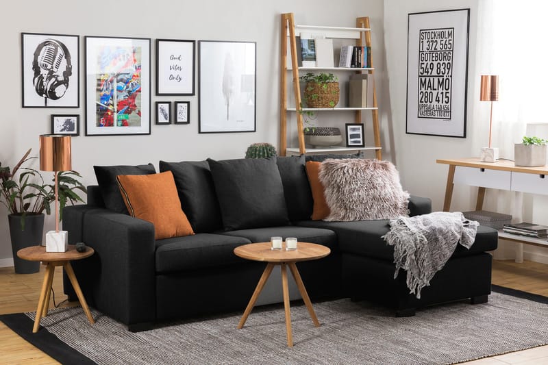 Crazy 3-seters Vendbar L-formet Divansofa i Stoff inkl. Pynteputer - Mørk grå - Møbler - Sofaer - Sofa med sjeselong