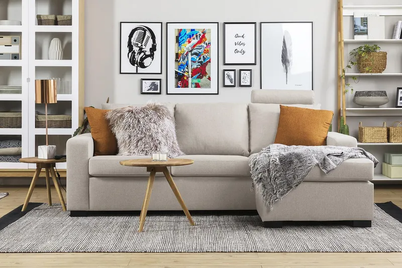 Crazy 3-seters Vendbar L-formet Sjeselongsofa i Stoff - Beige - Møbler - Sofaer - Sofa med sjeselong - 3 seters sofa med divan