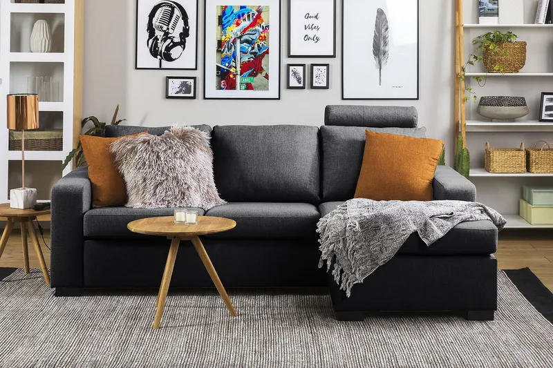 Crazy 3-seters Vendbar L-formet Sjeselongsofa i Stoff - Mørk grå - Møbler - Sofaer - Sofa med sjeselong - 3 seters sofa med divan