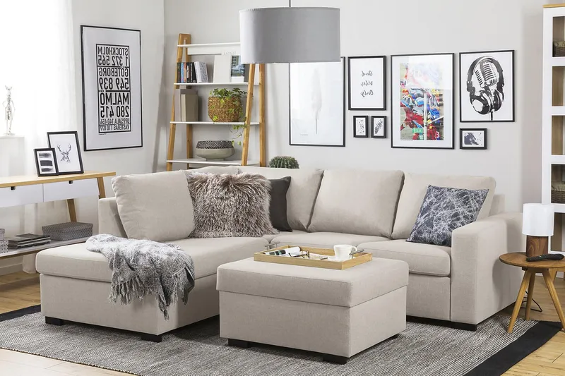 Crazy 3-seters Venstrevendt L-formet Sjeselongsofa i Stoff - Beige - Møbler - Sofaer - Sofa med sjeselong - 2 seters sofa med divan