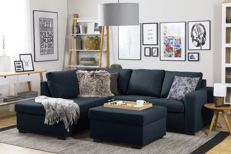 Crazy 3-seters Venstrevendt L-formet Sjeselongsofa i Stoff - Blå - Møbler - Sofaer - Sofa med sjeselong