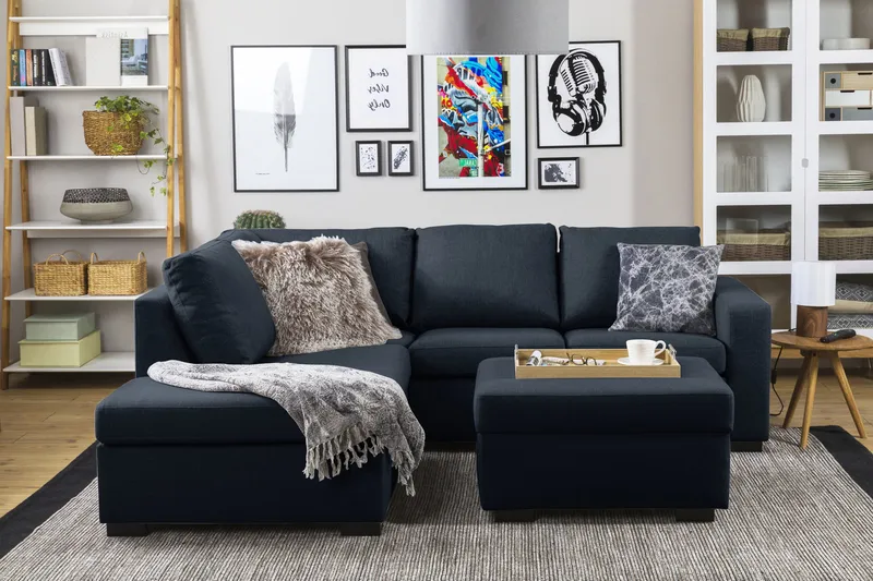 Crazy 3-seters Venstrevendt L-formet Sjeselongsofa i Stoff - Blå - Møbler - Sofaer - Sofa med sjeselong