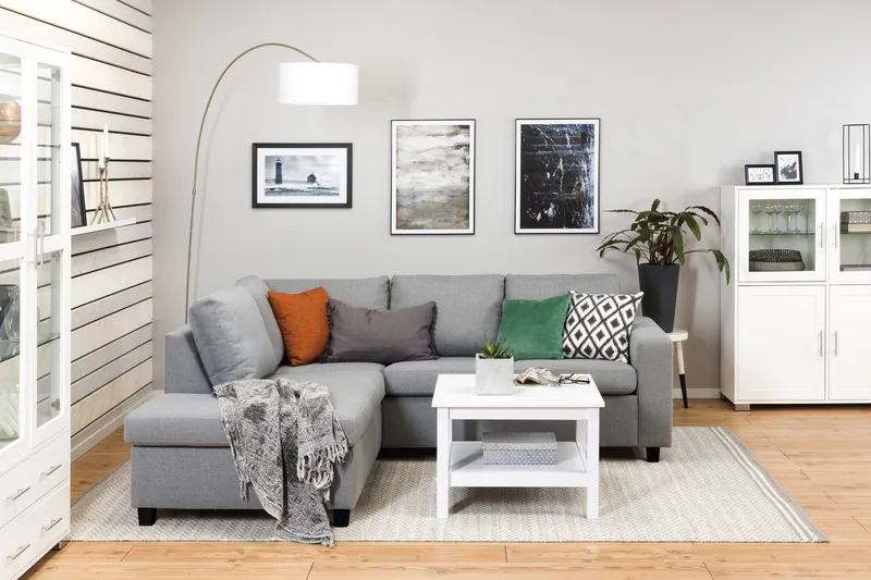 Crazy 3-seters Venstrevendt L-formet Sjeselongsofa i Stoff - Grå - Møbler - Sofaer - Sofa med sjeselong - 2 seters sofa med divan