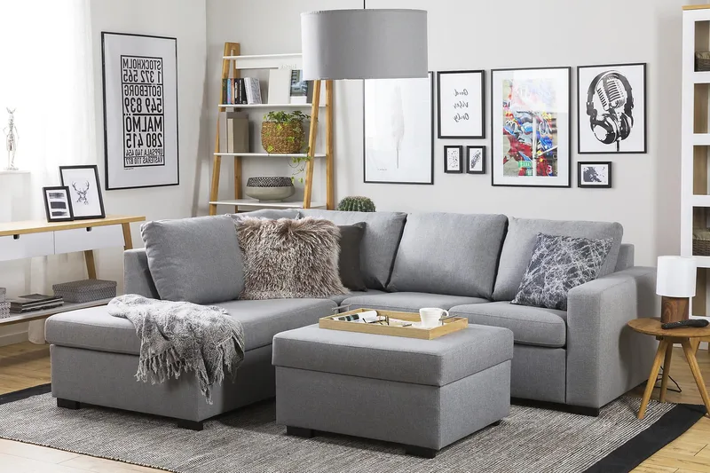 Crazy 3-seters Venstrevendt L-formet Sjeselongsofa i Stoff - Grå - Møbler - Sofaer - Sofa med sjeselong - 2 seters sofa med divan