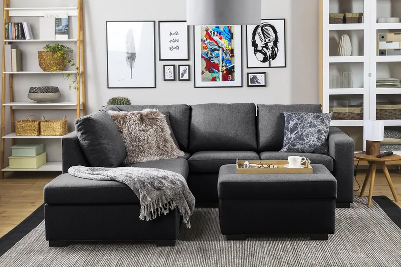 Crazy 3-seters Venstrevendt L-formet Sjeselongsofa i Stoff - Mørk grå - Møbler - Sofaer - Sofa med sjeselong - 2 seters sofa med divan