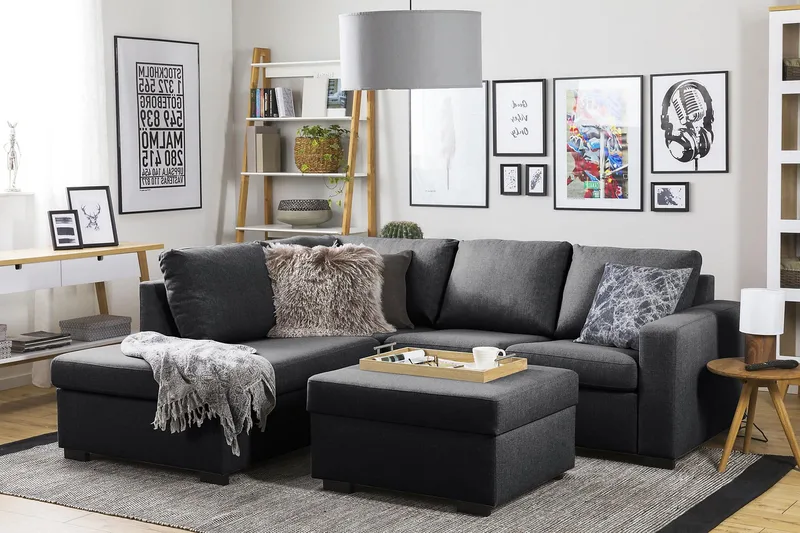 Crazy 3-seters Venstrevendt L-formet Sjeselongsofa i Stoff - Mørk grå - Møbler - Sofaer - Sofa med sjeselong - 2 seters sofa med divan