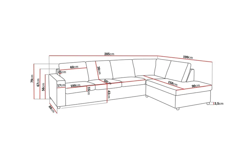 Crazy 4-seters Høyrevendt L-formet Sjeselongsofa i Stoff - Antrasitt - Møbler - Sofaer - Sofa med sjeselong - 3 seters sofa med divan