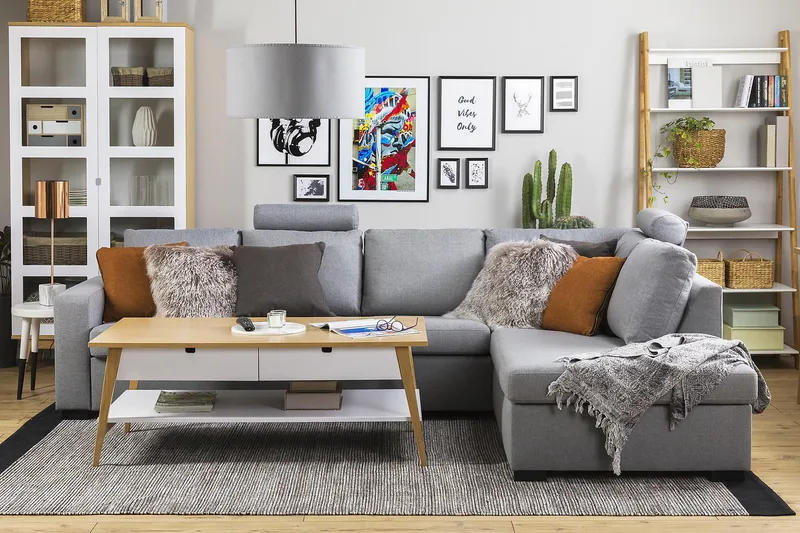 Crazy 4-seters Høyrevendt L-formet Sjeselongsofa i Stoff - Grå - Møbler - Sofaer - Sofa med sjeselong - 3 seters sofa med divan