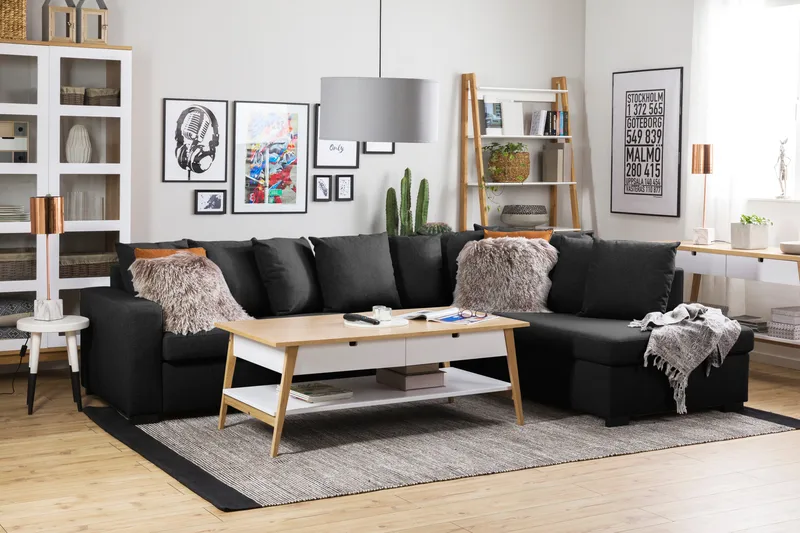 Crazy 4-seters Høyrevendt L-formet Sjeselongsofa i Stoff inkl. Pynteputer - Mørk grå - Møbler - Sofaer - Sofa med sjeselong