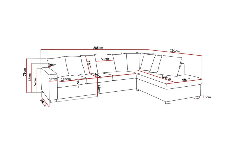 Crazy 4-seters Høyrevendt L-formet Sjeselongsofa i Stoff inkl. Pynteputer - Blå - Møbler - Sofaer - Sofa med sjeselong