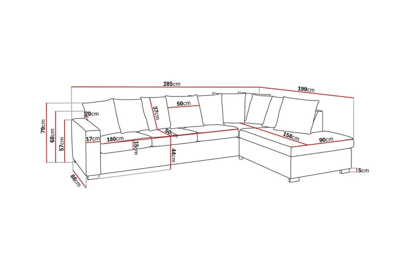 Crazy 4-seters Høyrevendt L-formet Sjeselongsofa i Stoff inkl. Pynteputer - Grå - Møbler - Sofaer - Sofa med sjeselong