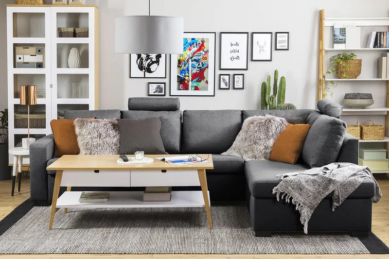 Crazy 4-seters Høyrevendt L-formet Sjeselongsofa i Stoff - Mørk grå - Møbler - Sofaer - Sofa med sjeselong - 3 seters sofa med divan