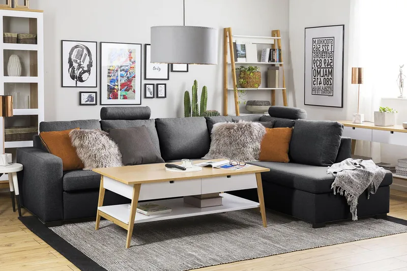 Crazy 4-seters Høyrevendt L-formet Sjeselongsofa i Stoff - Mørk grå - Møbler - Sofaer - Sofa med sjeselong - 3 seters sofa med divan