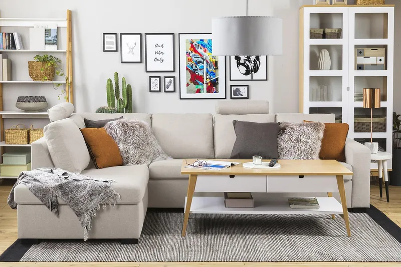 Crazy 4-seters Venstrevendt L-formet Sjeselongsofa i Stoff - Beige - Møbler - Sofaer - Sofa med sjeselong - 3 seters sofa med divan