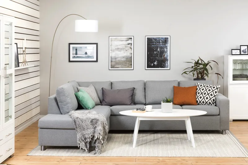 Crazy 4-seters Venstrevendt L-formet Sjeselongsofa i Stoff - Grå - Møbler - Sofaer - Sofa med sjeselong - 3 seters sofa med divan