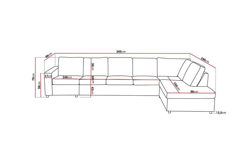 Crazy 5-seters Høyrevendt L-formet Sjeselongsofa i Stoff - Antrasitt - Møbler - Sofaer - Sofa med sjeselong - 4 seters sofa med divan