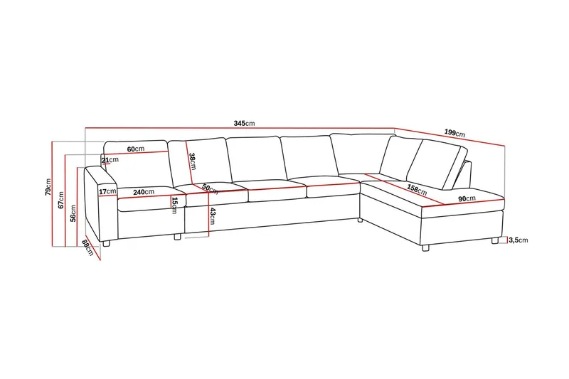 Crazy 5-seters Høyrevendt L-formet Sjeselongsofa i Stoff - Antrasitt - Møbler - Sofaer - Sofa med sjeselong - 4 seters sofa med divan
