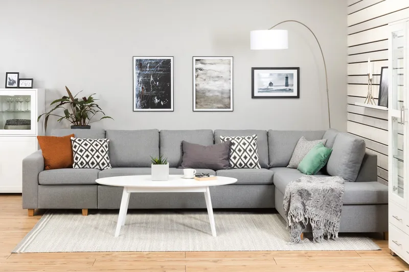 Crazy 5-seters Høyrevendt L-formet Sjeselongsofa i Stoff - Grå - Møbler - Sofaer - Sofa med sjeselong - 4 seters sofa med divan