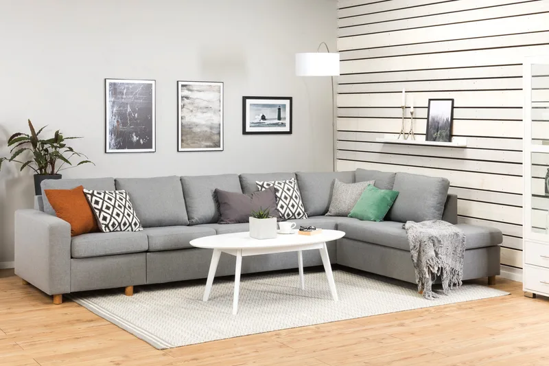 Crazy 5-seters Høyrevendt L-formet Sjeselongsofa i Stoff - Grå - Møbler - Sofaer - Sofa med sjeselong - 4 seters sofa med divan