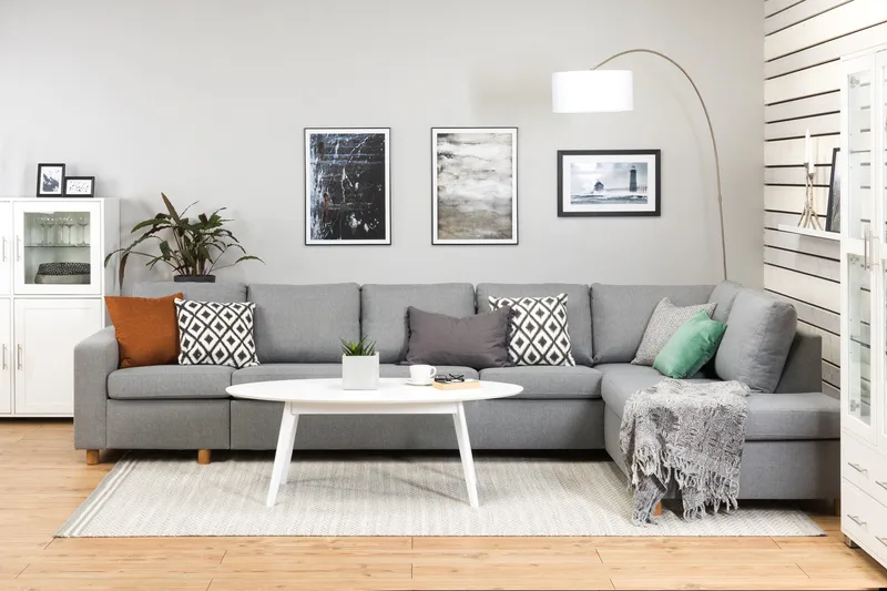 Crazy 5-seters Høyrevendt L-formet Sjeselongsofa i Stoff - Grå - Møbler - Sofaer - Sofa med sjeselong - 4 seters sofa med divan