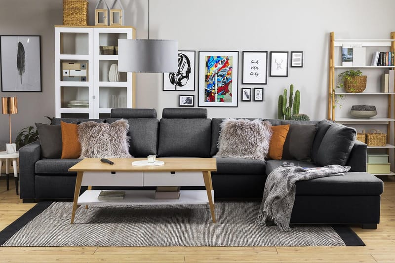 Crazy 5-seters Høyrevendt L-formet Sjeselongsofa i Stoff - Mørk grå - Møbler - Sofaer - Sofa med sjeselong - 4 seters sofa med divan