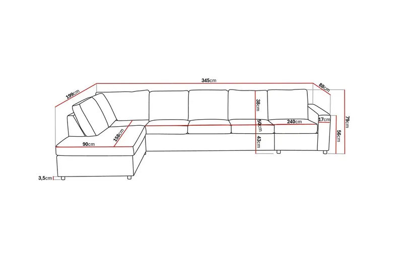 Crazy 5-seters Venstrevendt L-formet Sjeselongsofa i Stoff - Antrasitt - Møbler - Sofaer - Sofa med sjeselong - 4 seters sofa med divan