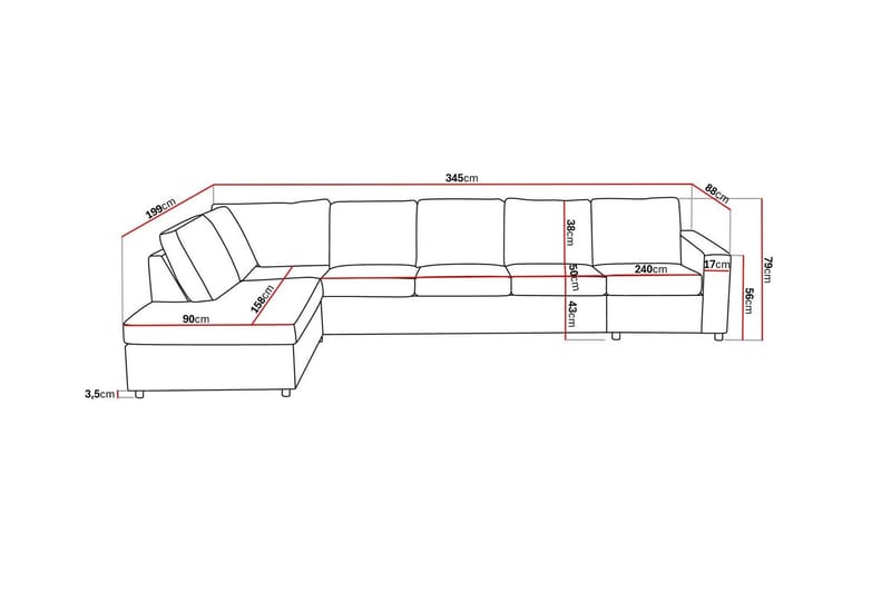 Crazy 5-seters Venstrevendt L-formet Sjeselongsofa i Stoff - Antrasitt - Møbler - Sofaer - Sofa med sjeselong - 4 seters sofa med divan