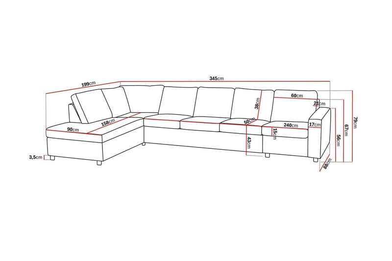 Crazy 5-seters Venstrevendt L-formet Sjeselongsofa i Stoff - Antrasitt - Møbler - Sofaer - Sofa med sjeselong - 4 seters sofa med divan