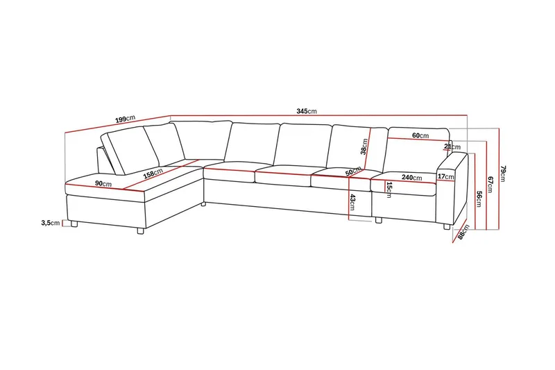 Crazy 5-seters Venstrevendt L-formet Sjeselongsofa i Stoff - Antrasitt - Møbler - Sofaer - Sofa med sjeselong - 4 seters sofa med divan