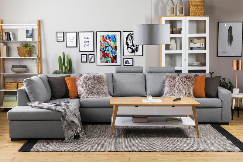 Crazy 5-seters Venstrevendt L-formet Sjeselongsofa i Stoff - Grå - Møbler - Sofaer - Sofa med sjeselong
