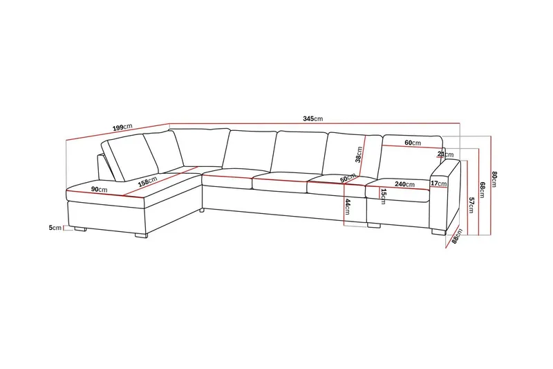 Crazy 5-seters Venstrevendt L-formet Sjeselongsofa i Stoff - Grå - Møbler - Sofaer - Sofa med sjeselong - 4 seters sofa med divan