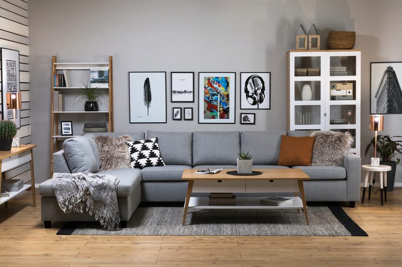 Crazy 5-seters Venstrevendt L-formet Sjeselongsofa i Stoff - Grå - Møbler - Sofaer - Sofa med sjeselong