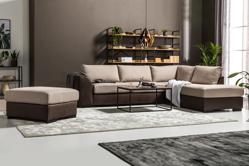 Cuba 4-seters Høyrevendt L-formet Sjeselongsofa i Kunstlær/Stoff - Brun / Beige - Møbler - Sofaer - Sofa med sjeselong