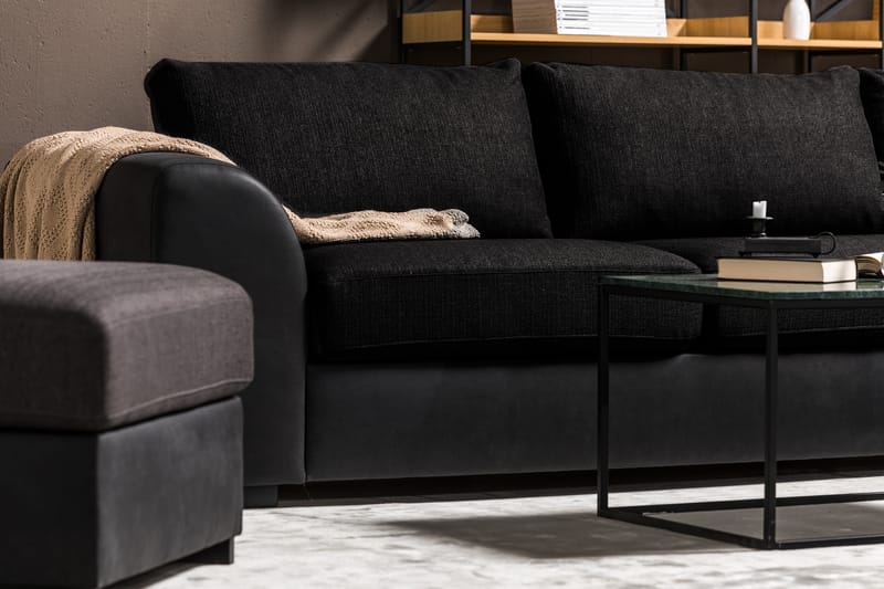 Cuba 4-seters Høyrevendt L-formet Sjeselongsofa i Kunstlær/Stoff - Grå / Svart - Møbler - Sofaer - Sofa med sjeselong