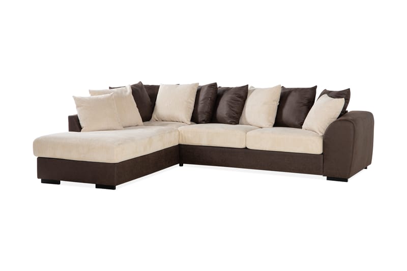 Cuba 4-seters Venstrevendt L-formet Sjeselongsofa i Manchester/Kunstlær inkl. Pynteputer - Brun / Beige - Møbler - Sofaer - Sofa med sjeselong
