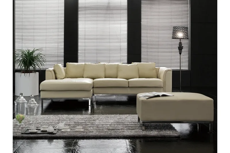 Dugard Hjørnesofa Høyre + Fotskammel, Beige/Lær