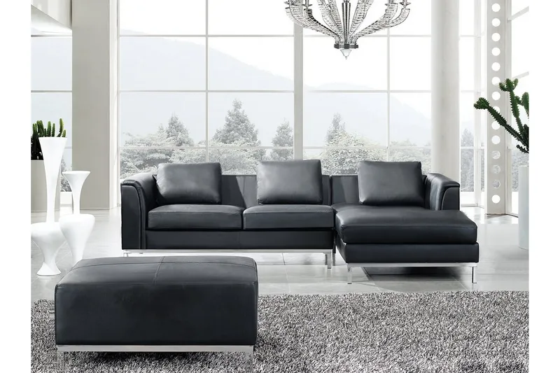Dugard Hjørnesofa Venstre + Fotskammel, Svart/Lær