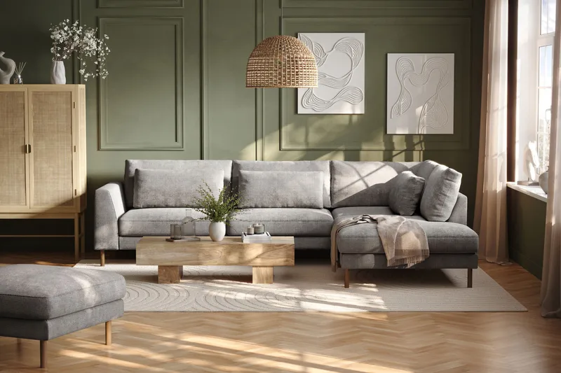 Florenz 4-seters Høyrevendt L-formet Sjeselongsofa i Chenille - Lys grå - Møbler - Sofaer - Sofa med sjeselong - 4 seters sofa med divan