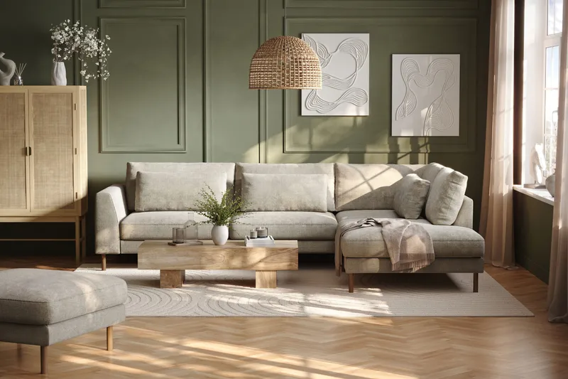Florenz 4-seters Høyrevendt L-formet Sjeselongsofa i Stoff - Grå / Beige - Møbler - Sofaer - Sofa med sjeselong - 4 seters sofa med divan