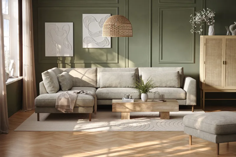 Florenz 4-seters Venstrevendt L-formet Sjeselongsofa i Stoff - Grå / Beige - Møbler - Sofaer - Sofa med sjeselong - 4 seters sofa med divan