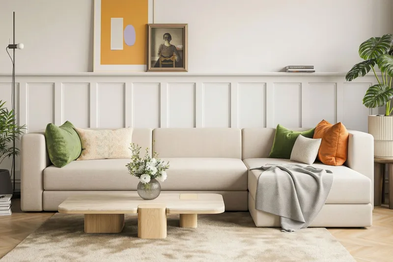 Hagblom 4-seters Divansofa med Oppbevaring Vendbar - Beige - Møbler - Sofaer - Sofa med sjeselong