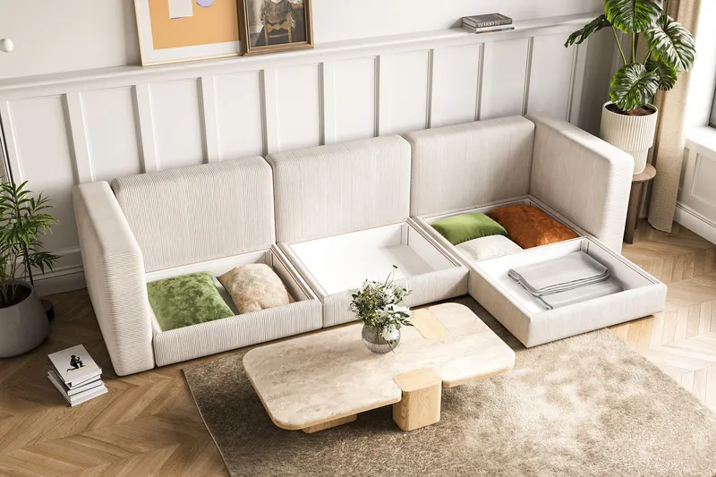 Hagblom 4-seters Divansofa med Oppbevaring Vendbar - Beige - Møbler - Sofaer - Sofa med sjeselong
