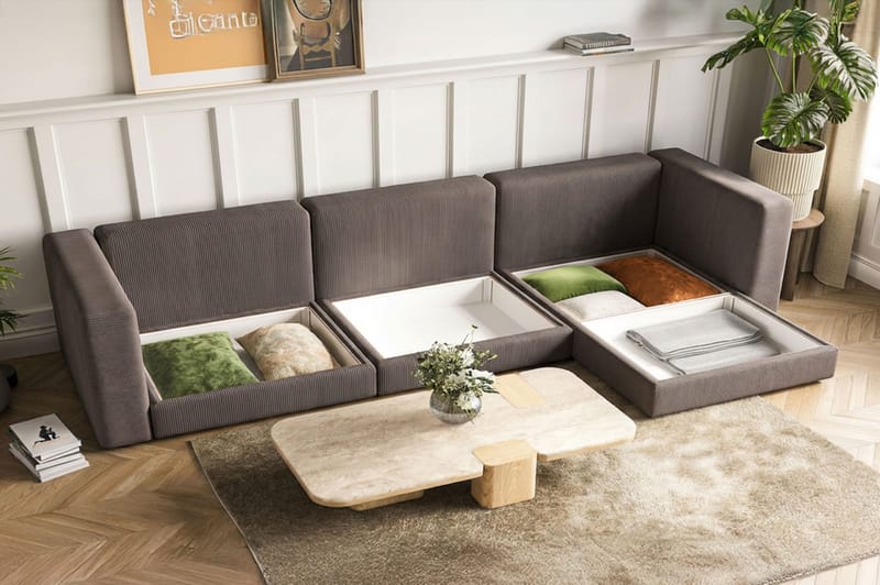 Hagblom 4-seters Divansofa med Oppbevaring Vendbar - Mørkegrå - Møbler - Sofaer - Sofa med sjeselong