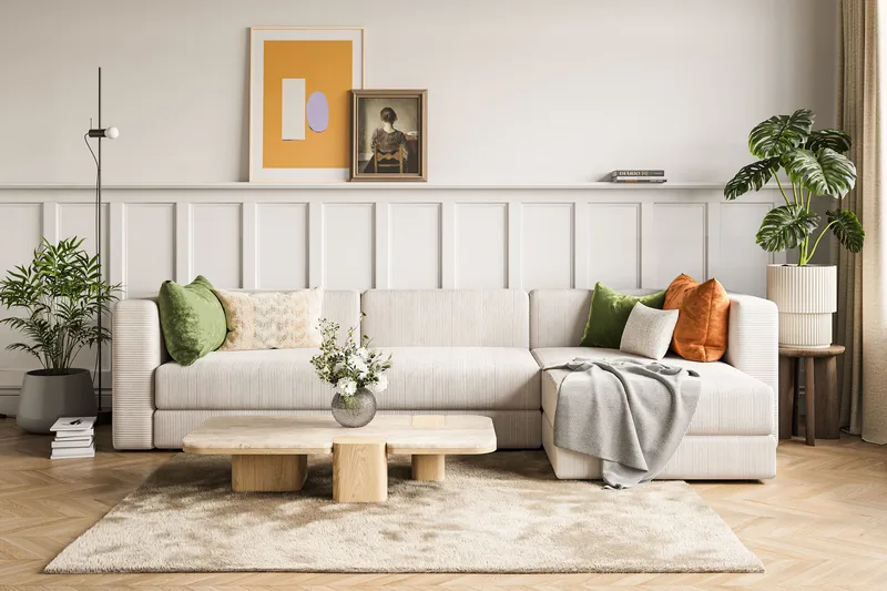 Hagblom 4-seters Vendbar Divansofa 320 cm med Oppbevaring i Mansjester - Beige - Møbler - Sofaer - Sofa med sjeselong