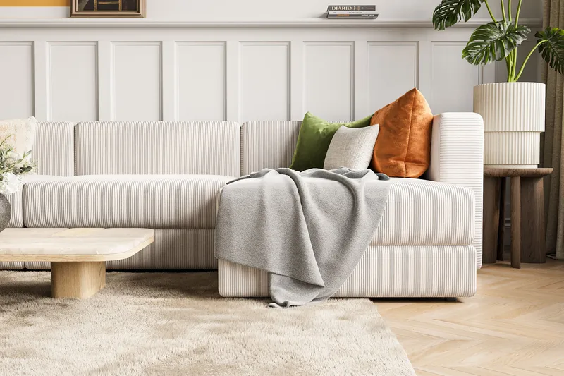 Hagblom 4-seters Vendbar Divansofa 320 cm med Oppbevaring i Mansjester - Beige - Møbler - Sofaer - Sofa med sjeselong