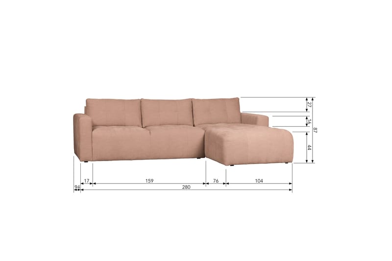Hippylur 3-Seters Sofa Høyre - Rosa - Sofa med sjeselong - 3 seters sofa med divan